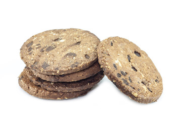 Chocolate chip cookies on white background.
