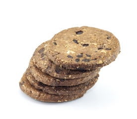 Chocolate chip cookies on white background.