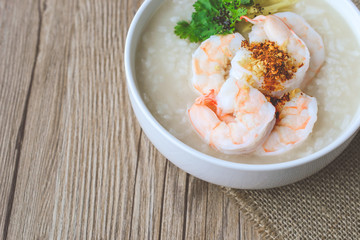  rice porridge with shrimp on jute,vintage tone, Thai Food, Thai