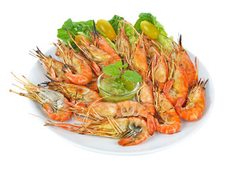 Plate of grilled shrimps isolated on the white background