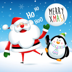 Merry Xmas, Santa Claus and penguin jumps in Christmas
