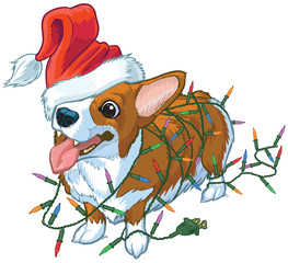 Corgi Dog with Santa Hat and Christmas Lights Vector Illustration