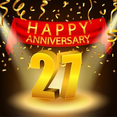 Happy 27th Anniversary celebration with golden confetti and spotlight