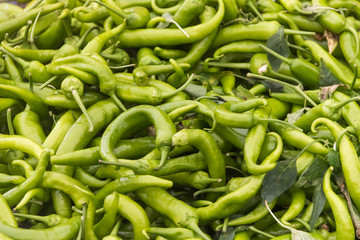 Green pepper at farmers market stall.