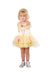  Little girl in a beautiful yellow dress and crown on white back