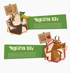 Vector two horizontal green banners with a cartoon image of angry duck and cow, holding banners in support of vegetarianism on a light background. 