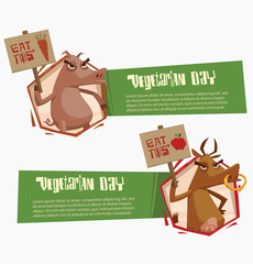 Vector two horizontal green banners with a cartoon image of angry pig and cow, holding banners in support of vegetarianism on a light background.