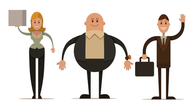 Vector cartoon image of three business people: a woman with blond hair, bald fat man in a black suit and man with brown hair on a light background. Drawn in a flat style.