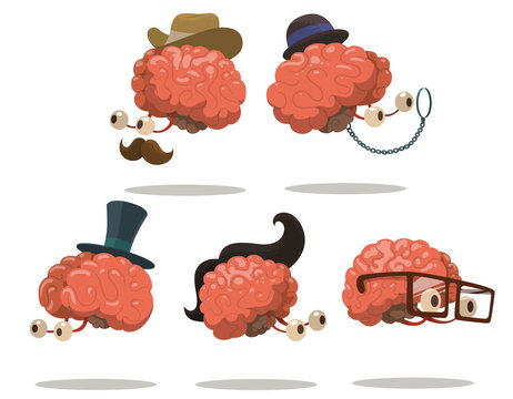 Vector Set of cartoon brains. Cartoon image of a set funny pink smart brains with eyes in glasses and a hats on a light background.