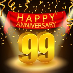 Happy 99th Anniversary celebration with golden confetti and spotlight