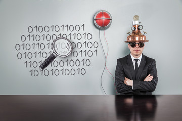 Data concept with alert light and vintage businessman