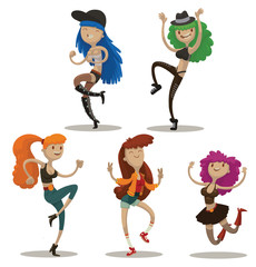 Obraz na płótnie Canvas Vector Set of dancing club girls. Cartoon image of five funny dancing club girls, different looks in various poses on a light background.