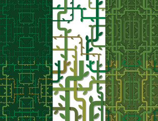 Vector Set of floral seamless patterns. Set of geometric seamless patterns made of green lines with rounded corners and with green leaves on white and green backgrounds.