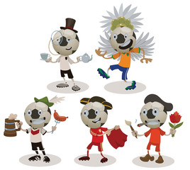 Vector cartoon image of five football players with the balls instead of heads in uniform of different countries: England, Brazil, Germany, Spain and the Netherlands on a light background.