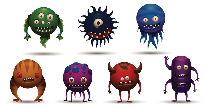 Vector Set of funny round bacteria viruses. Cartoon image of seven different funny round bacteria viruses of different colors on a light background.