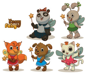 Vector Set of furry fairies. Cartoon images of cute animals dressed as fairies: panda, rabbit, fox, dog and cat on a light background.