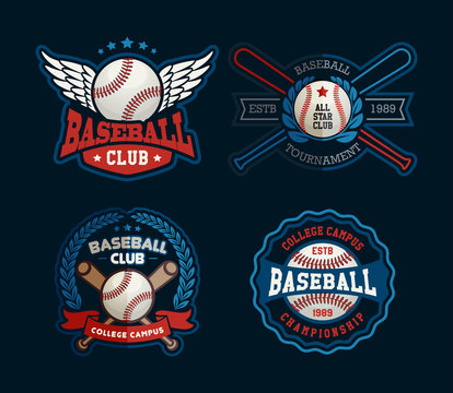 Baseball badges set, sports template with ball and bats for baseball