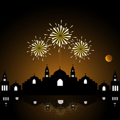 Obraz premium Bright festive fireworks with modern city skyscrapers