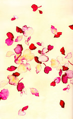  아름다운 꽃잎들이 바람에 흩날리는 수채화