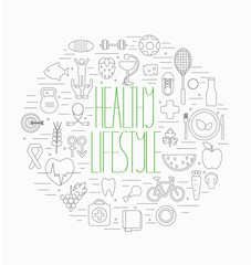 Line style vector illustration design concept of lifestyle. Lots of food, sport, medicine symbols isolated on background with place for your text.