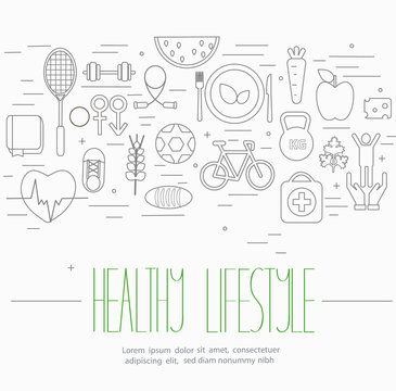 Line style vector illustration design concept of lifestyle. Lots of food, sport, medicine symbols isolated on background with place for your text.