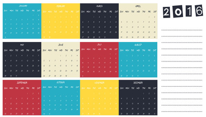 Calendar, 2016, Multicolor, Week Begin with Sunday