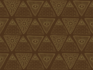 Vector Seamless Pattern from Masonic symbols, brown. Seamless pattern made from Masonic symbols with the pyramids and eyes on a brown background.