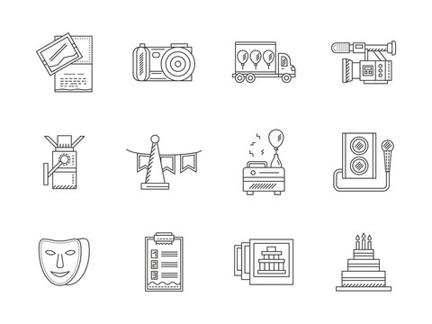 Black flat line party icons collection
