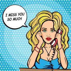 Pop art comic blonde woman with telephone and message I miss You so much!