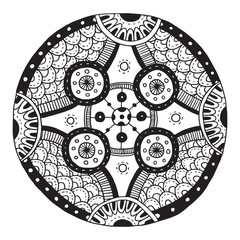 Vector Ethnic doodle black and white round pattern with circles. Ethnic retro doodle black and white round pattern with circles on a white background.