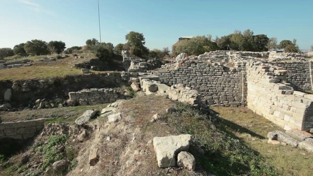 Architectural remains and ruins in ancient Greek city of Troy (also: Troia, Truva); UNESCO world heritage site; Canakkale, Turkey; 
