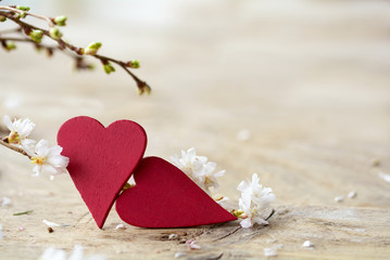 two red heart shapes with blooming branches on bright rustic woo