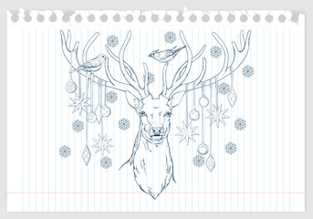 deer head with horns, birds and christmas decorations