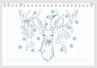 deer head with horns, birds and christmas decorations