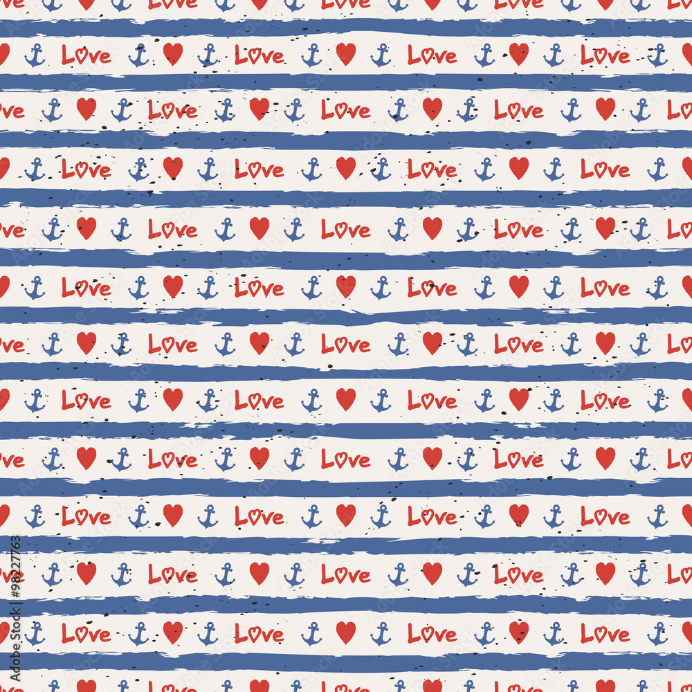 Poster seamless stripes pattern with hearts and anchors