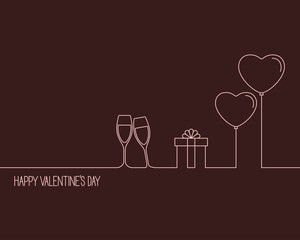 Linear style design for Valentine’s Day card with wine glasses, gift box and heart shaped balloons