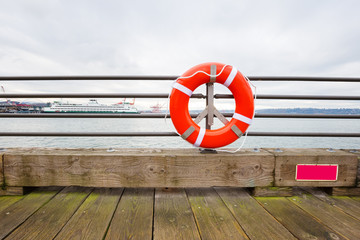 skyline and orange buoy on railing by the sea