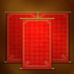Vector traditional Asian red scroll on a gold background. The scrolls are made by individual elements, and each roll can be applied to an inscription or the image.