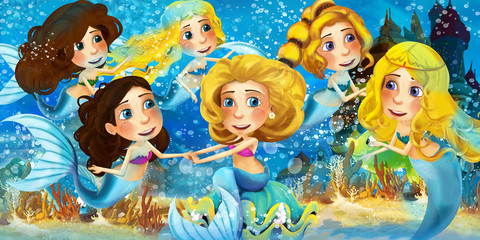 Cartoon ocean and the mermaids - illustration for the children © honeyflavour