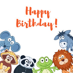 Happy birthday card with cute cartoon animals isolated on white background.  Vector illustration of adorable plush baby animals.