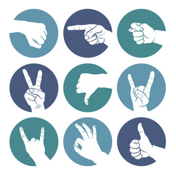 Human gestures icons. People hand signs. Man hands outline isolated on white background. Ok, thumb up, thumb down, fig, victory, pointing finger, sign of the horns.