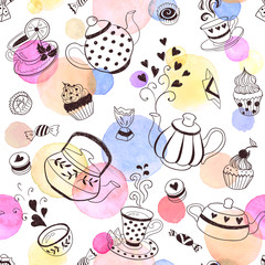 Plakaty  Czas na herbatę wzór. Projekt tła strony herbaty. Ręcznie rysowane doodle ilustracja z czajniki, kubki i słodycze.