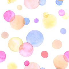 Watercolor texture. Aquarelle circles in pastel colors. Seamless pattern. Watercolor pink, blue and yellow spots isolated on white background.