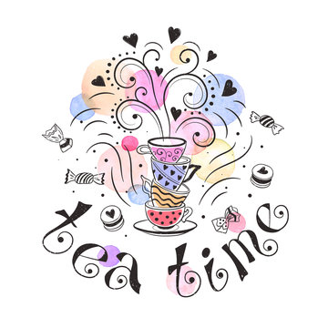 Tea time poster concept. Tea party card design. Hand drawn doodle illustration with teapots, cups and sweets.