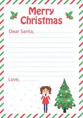 letter to santa with christmas trees and winter girl