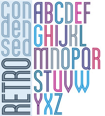 Poster retro striped font, bright condensed geometric uppercase