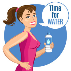 Cartoon woman with a bottle of water, healthy drink and fitness