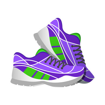Violet sport sneakers, modern illustrations in flat style. 