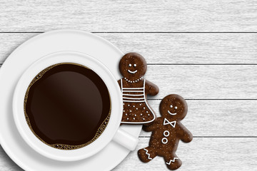 cup of coffee, gingerbread man and woman lying on wooden desk