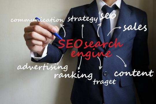 businessman hand writing seo search engine chart 